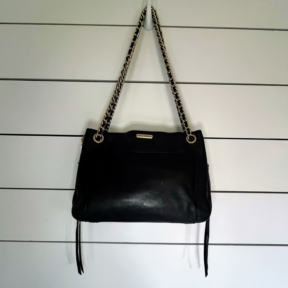 Rebecca Minkoff black leather purse with adjustable gold braid chain strap EUC